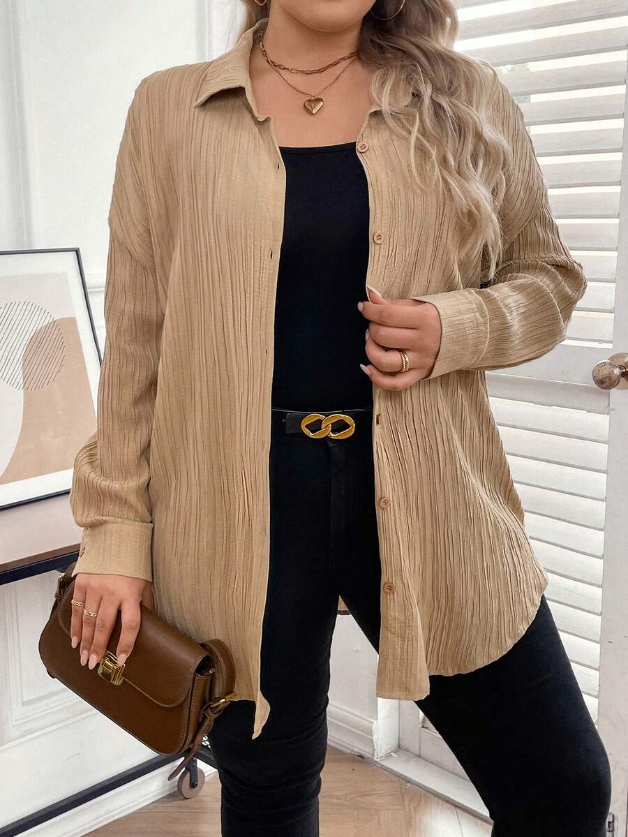 SHEIN LUNE Kích thước lớn Màu thuần Thả vai Lỏng dài Tay áo Áo sơ mi - màu nâu - Xem 1