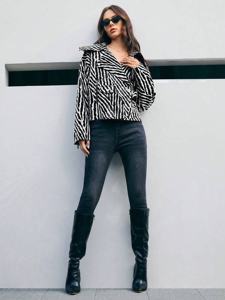 Zebra Print Side Zip Pocket Jacket