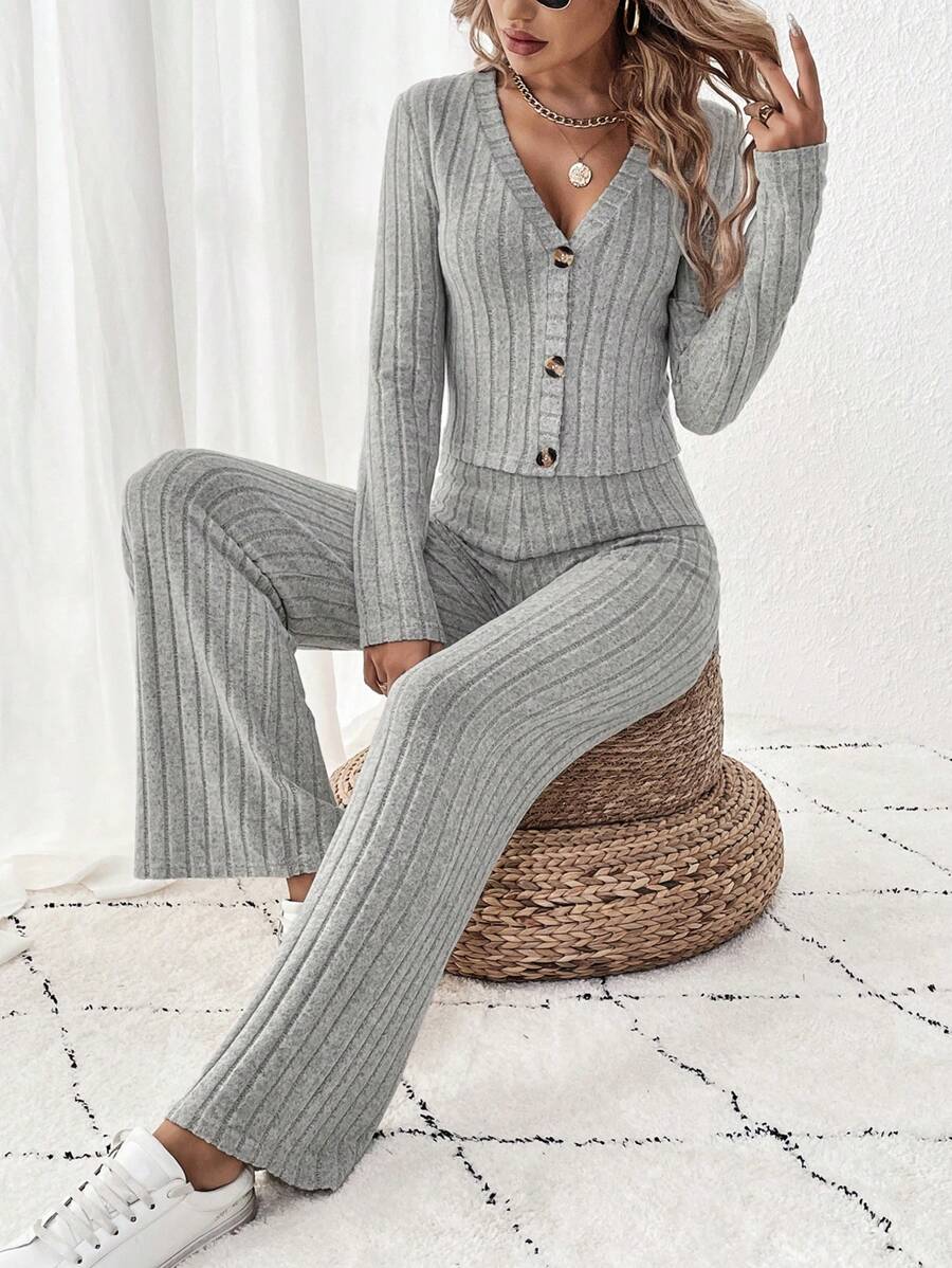 SHEIN LUNE Quý cô Màu thuần Bộ đồ trên và quần - Màu Khaki - Xem 1