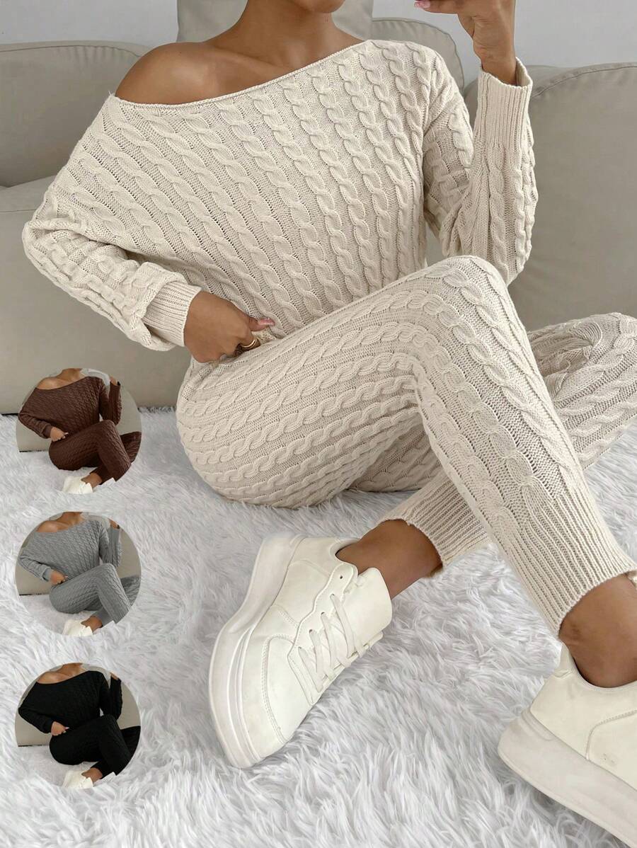 Celisse Cable Knit Drop Shoulder Sweater & Knit Pants - Khaki - View 1