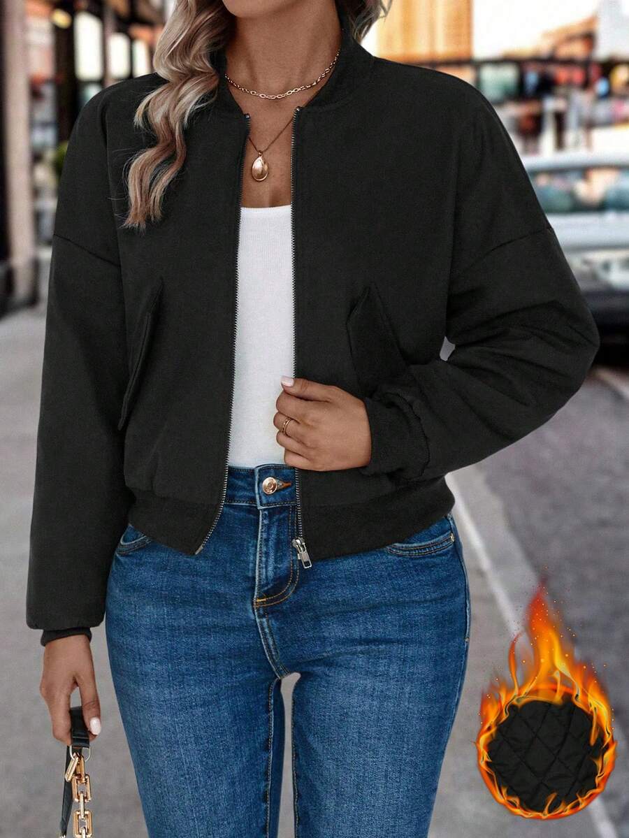 SHEIN LUNE Thả vai Dây kéo Áo khoác bomber - màu đen - Xem 1