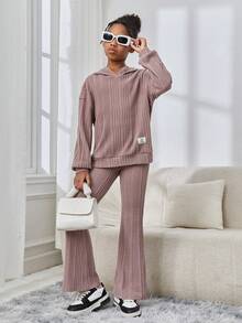 SHEIN Cô gái Ấm áp Mùa Đông Dệt kim Hoodie Và Quần ống loe Bộ Với Lá thư & Patch Đồ trang trí - Lạc đà - Xem 3