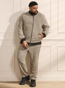 Manfinity VCAY Men's Plus Size Plaid Woven Casual Two Piece Set - Khaki - View 5