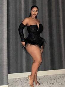 Slaydiva 大尺碼女士閃閃發亮的絨毛織邊露肩連體衣