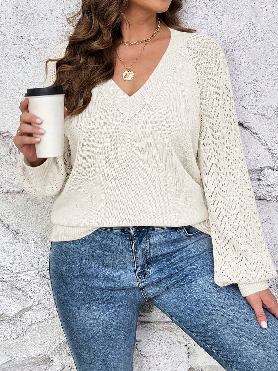 SHEIN LUNE Plus Size Women's Casual Loose Sweater - White - View 1