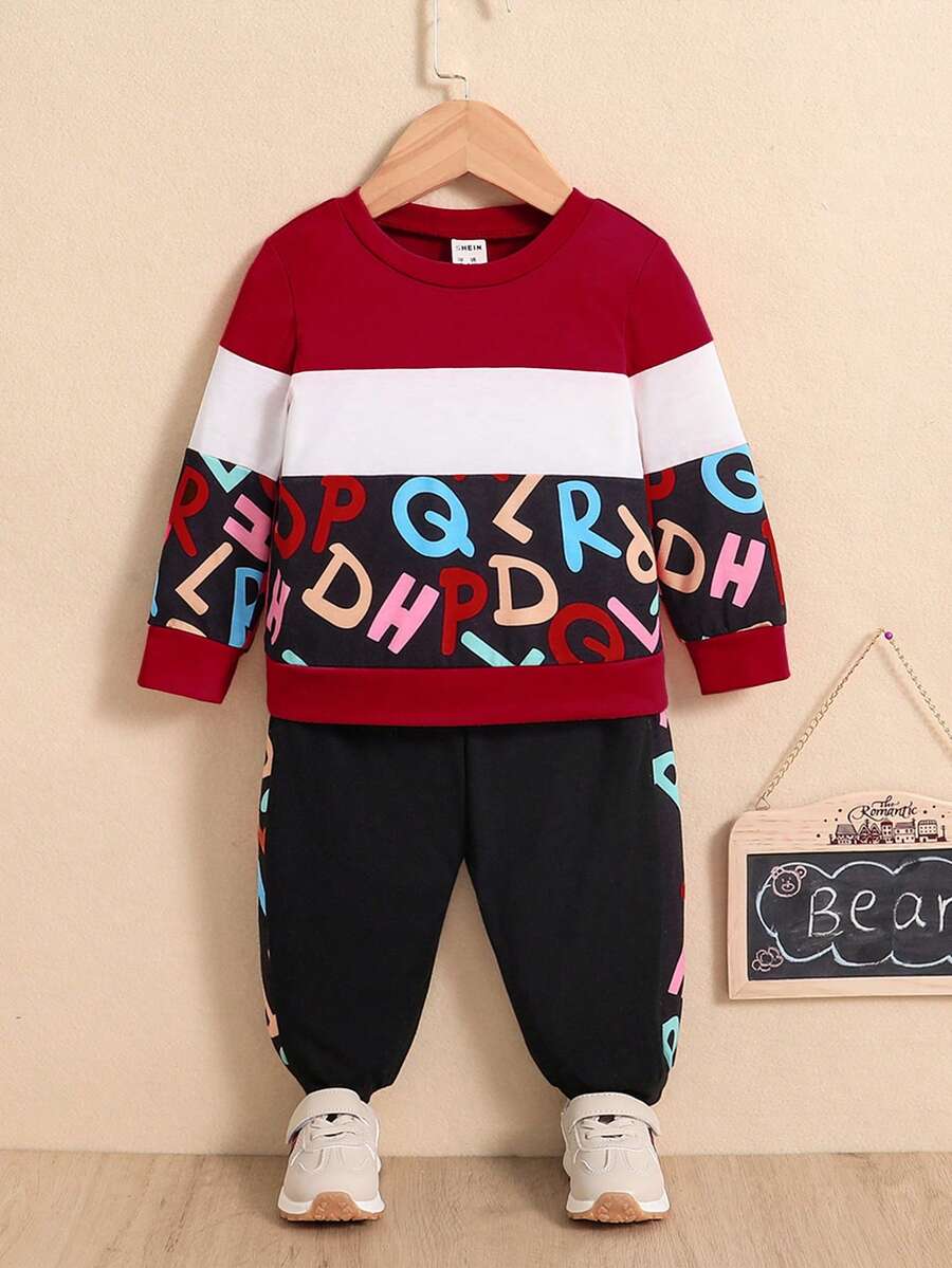 Trẻ sơ sinh In thư Nhiều màu Vá lại Áo nỉ Và Khối màu Dài Quần Bộ , Thích hợp Đối với Mặc hàng ngày , Đường phố , Thời gian rảnh rỗi , Mùa Xuân , Mùa thu , Mùa Đông - Màu Đỏ Sâu - Xem 1