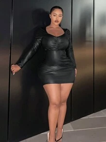 Slaydiva Kích thước lớn Xếp li Da giả Đầm Với Cổ Trái tim - màu đen - Xem 3