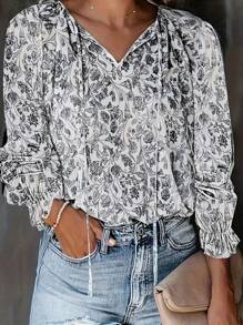 SHEIN LUNE 女式加大碼綁帶領口花卉印花上衣 - 黑與白 - 查看 1