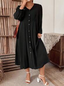 SHEIN LUNE Plus Size Women's Lantern Sleeve Single Breasted Dress - Black - View 1