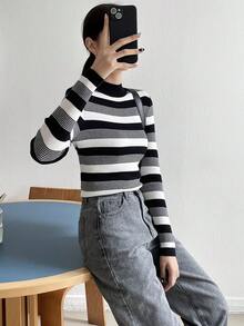 DAZY Đứng cổ áo Sọc Textured Giải trí Áo len - Đen và trắng - Xem 3