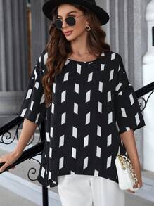 EMERY ROSE 女式幾何印花圓領襯衫 - 黑與白 - 查看 1