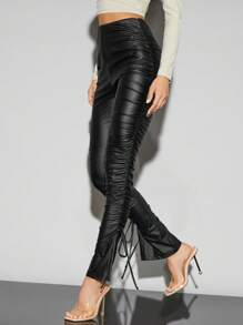 SHEIN BAE 女士pleats Pu皮紮腰長褲 - 黑色 - 查看 1