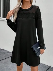 SHEIN LUNE 女士网眼撞色直筒连衣裙 - 黑色 - 查看 1