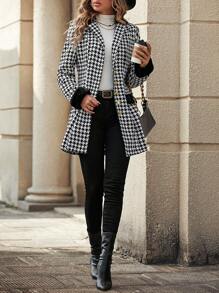 SHEIN Clasi Houndstooth Plush Splice Woolen Coat Fall Cloth For Women - Black - View 4