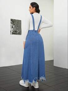 SHEIN Privé Ladies' Denim Overall Dress With Distressed Hem - Light Wash - View 2