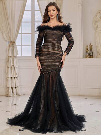 SHEIN Belle Women's Mesh Splice & Ruffle Neckline Fish Tail Evening Party Dress (heavy Work)