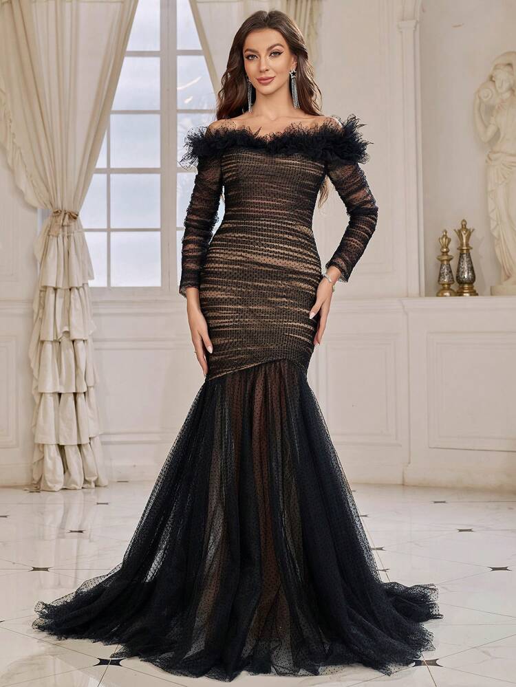 Women's Mesh Splice & Ruffle Neckline Fish Tail Evening Party Dress (heavy Work)