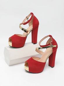 Women's Fashion High Heel Sandals With Buckle Design, Metallic Style, Comfortable Like Scarf, New 2025 Model, Sexy For Nightclub Party, Plus Size Round Toe 12.5CM High Heel Platform Sandals, Red