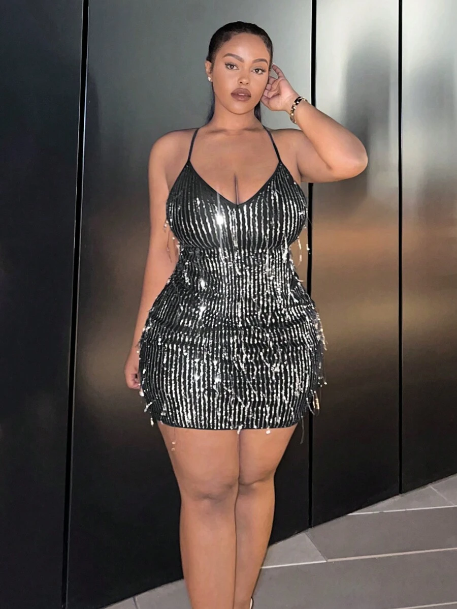 Slaydiva Plus Size Women's Glittery Sleeveless Dress - Black - View 1