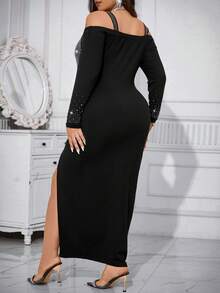 SHEIN Belle Women's Plus Size Rhinestone Decorated Off-Shoulder High Split Dress - Black - View 2