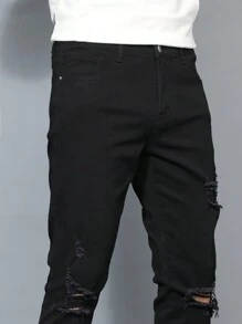 Manfinity LEGND 男士破洞磨边紧身牛仔裤，纯色修身深色牛仔裤长款纯黑色洗水工装牛仔裤，适合送给老公、男朋友的礼物 - 黑色 - 查看 3