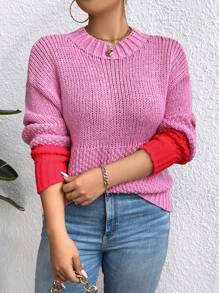 Celure Jersey De Talla Grande Para Mujer Con Cuello Redondo, Bloque De Color Y Hombro Caído