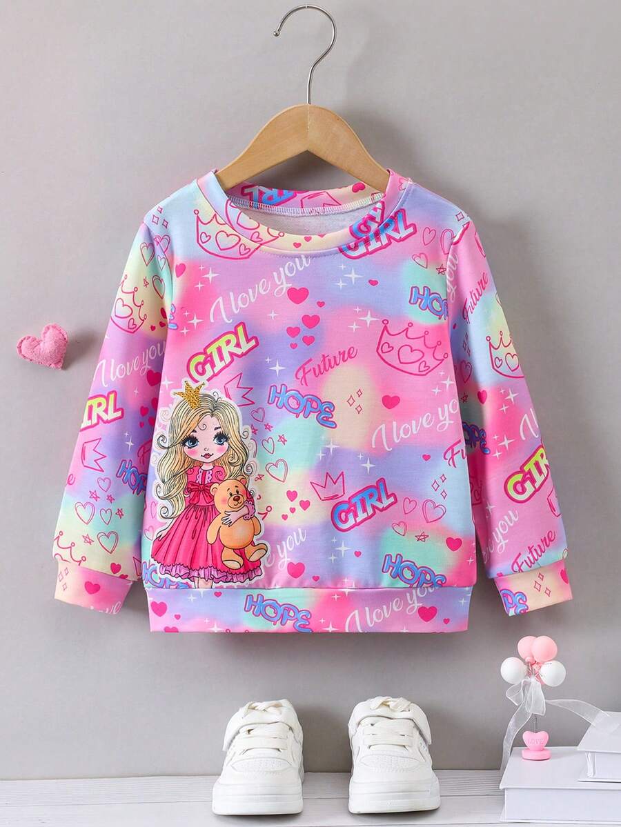SHEIN 小女孩染色公主字母印花圓領運動衫,適用於秋冬季節 - 彩色 - 查看 1