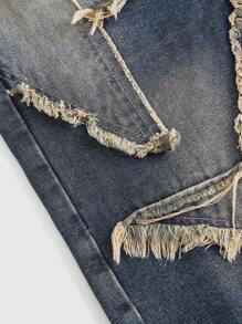 ROMWE Grunge Punk Star Patchwork, Vintage Wash, Loose Fit, Straight Bermuda Denim Shorts, School - Blue - View 4