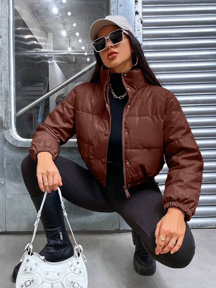 SHEIN EZwear Áo khoác đệm ngắn giản dị màu trơn da PU khóa kéo phía trước cho nữ mùa đông - Cà phê nâu - Xem 1