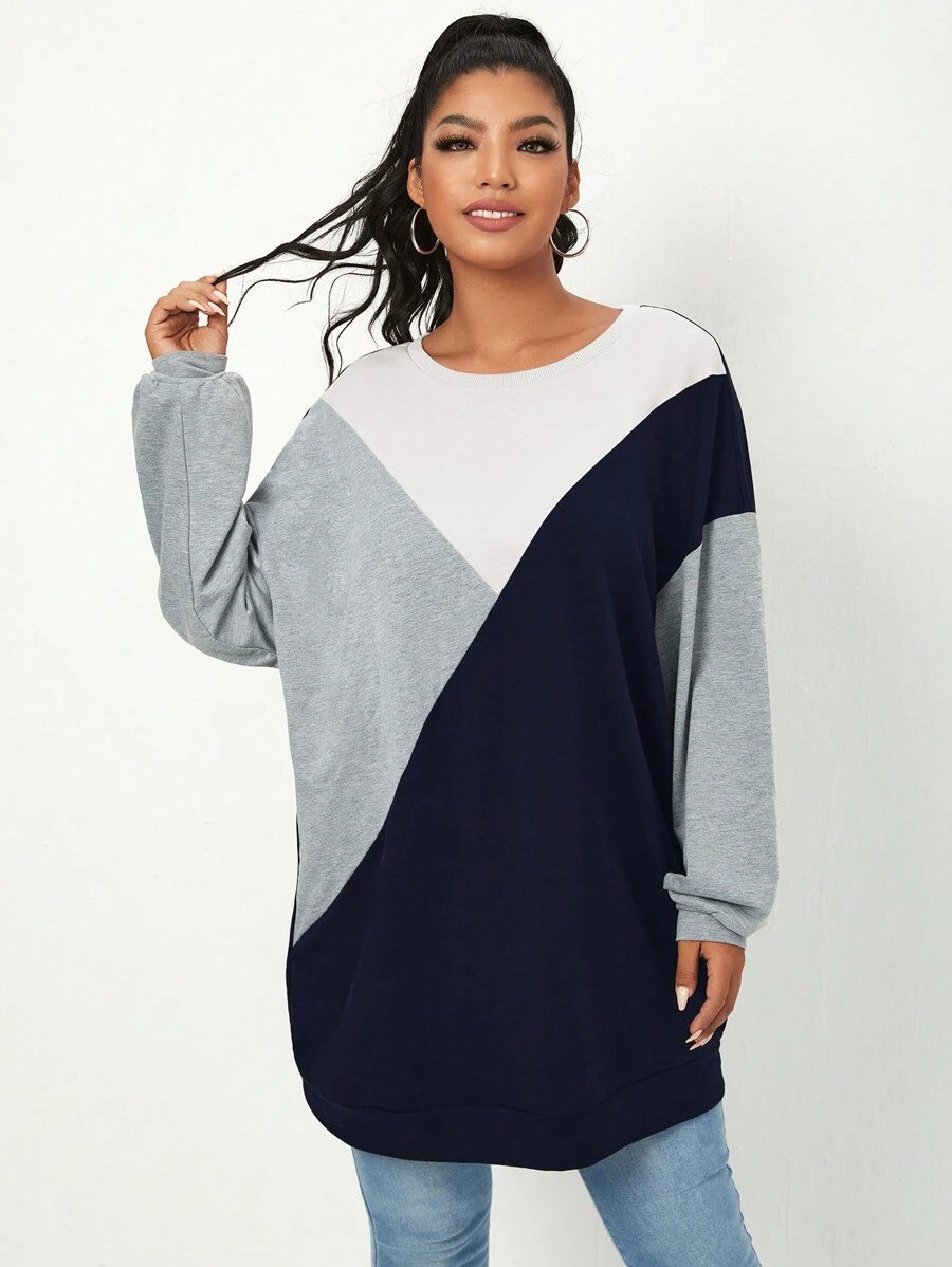 SHEIN Essnce Kích thước lớn Của phụ nữ Thả vai Khối màu Áo nỉ - Màu xanh hải quân - Xem 1