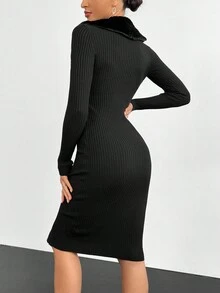 SHEIN Privé Len Vòng cổ Mặt trước DOUBLE-BREASTED Viền chia cắt Quần bó Dệt kim Đầm - màu đen - Xem 2