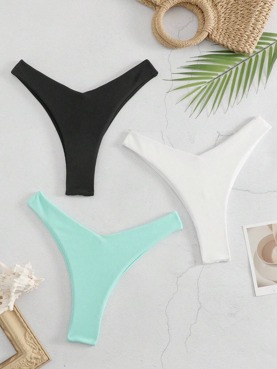 3pcs/Set Solid Color Rib Knit Bikini Bottoms, For Summer Beach Vacation - Multicolor - View 1