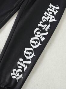 SHEIN 女童秋冬季印花文字設計休閒套裝2入組 - 卡其色 - 查看 7