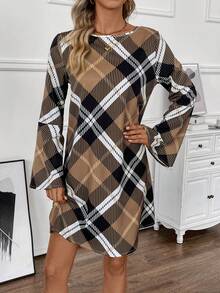 SHEIN Clasi 格子圓領長袖連衣裙 - 卡其色 - 查看 6