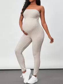 SHEIN Maternity Ribbed Jumpsuit & Cardigan Set With Strapless Design - Khaki - View 5