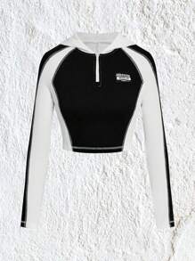 SHEIN EZwear Quý cô Hoodie Với Khối màu , In thư , Vá lại Và Sáng - màu đen - Xem 1