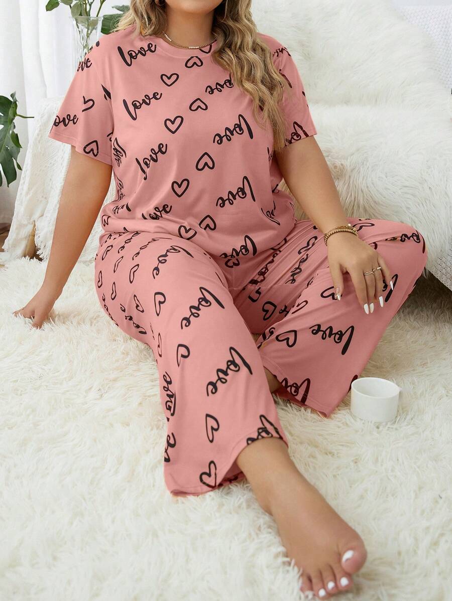 Plus Size Women Heart Letter Pattern Top & Pants Pajama Set - Coral Pink - View 1