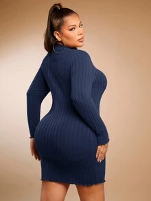 SHEIN SXY 大尺碼女式羅紋針織緊身連身裙 - 藏蓝色 - 查看 2