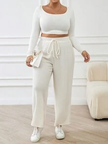 SHEIN Frenchy Pantalones De Canalé Anudados De Talla Grande Para Mujer - Albaricoque - Ver 5