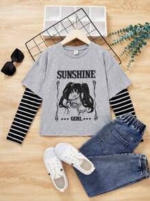 SHEIN 卡通印花條紋拼接圓領休閒長袖t卹（適用於青少年女孩） - 淺灰色 - 查看 1