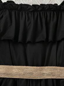 SHEIN Little Girls' Black Ruffle Hem Long Sleeve Dress - Black - View 6