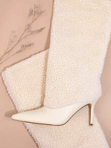 SHUZIA Women Plus Fleece Thick Pointed Toe High Heel Mid-Calf Boots Suitable For Daily Wear, Parties, Gatherings