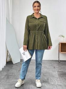 SHEIN Essnce 女款大尺碼正面扣環襯衫,附翻領和翻蓋細節 - 軍綠色 - 查看 3