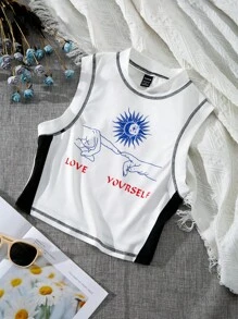 SHEIN Unity 顏色積木圖案立領無袖上衣，露邊設計 - 白色 - 查看 1