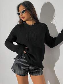 SHEIN Unity Drop Shoulder Raw Trim Sweater - Black - View 4