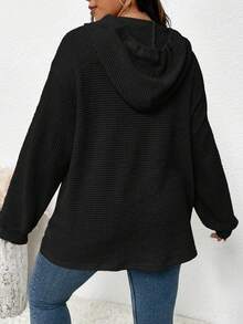 SHEIN CURVE+ 女士加大码纯色落肩抽绳卫衣 - 黑色 - 查看 2