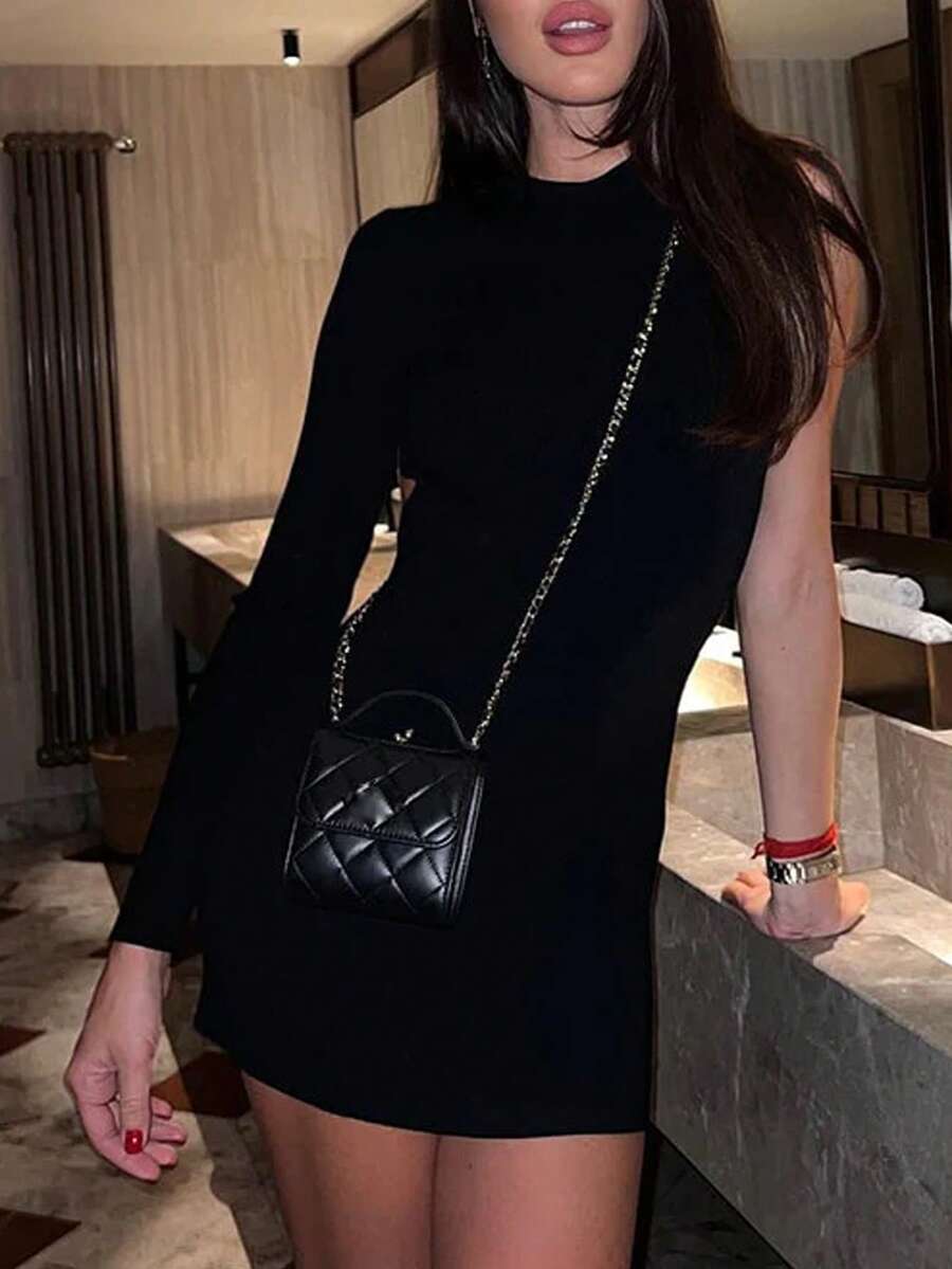 Vestido Sin Espalda De Una Manga - Negro - Ver 1