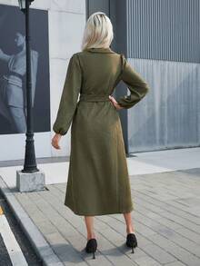 SHEIN Privé 襯衫袖前開襟系帶裙 - 軍綠色 - 查看 2