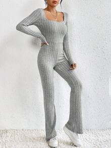 SHEIN Essnce 女士貼身連身褲,具有模擬頸部和肋骨紋路 - 灰色 - 查看 7