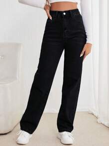 EURMUSE Women's Straight Leg Jeans With Slanted Pockets And Distressed Details - Black - View 4